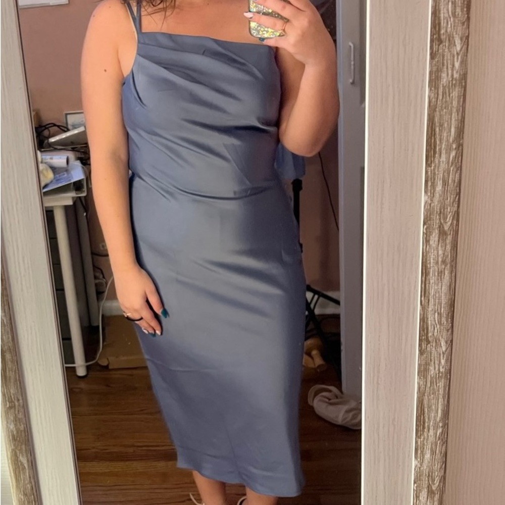 Size L PrettyGarden Asymmetrical One Shoulder Dusty Blue Dress